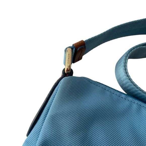 Coach Sawyer Canvas & Tan Leather Crossbody Bag in Blue Jay Front Zipper Pocket - Picture 14 of 16